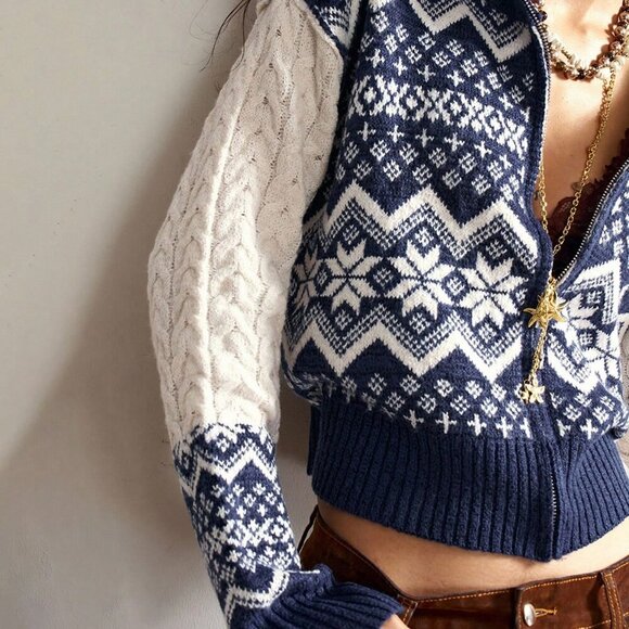 Womens Blue High Neck Zip up Fair Isle Print Chunky Cable Knit Cardigan - Picture 4 of 8